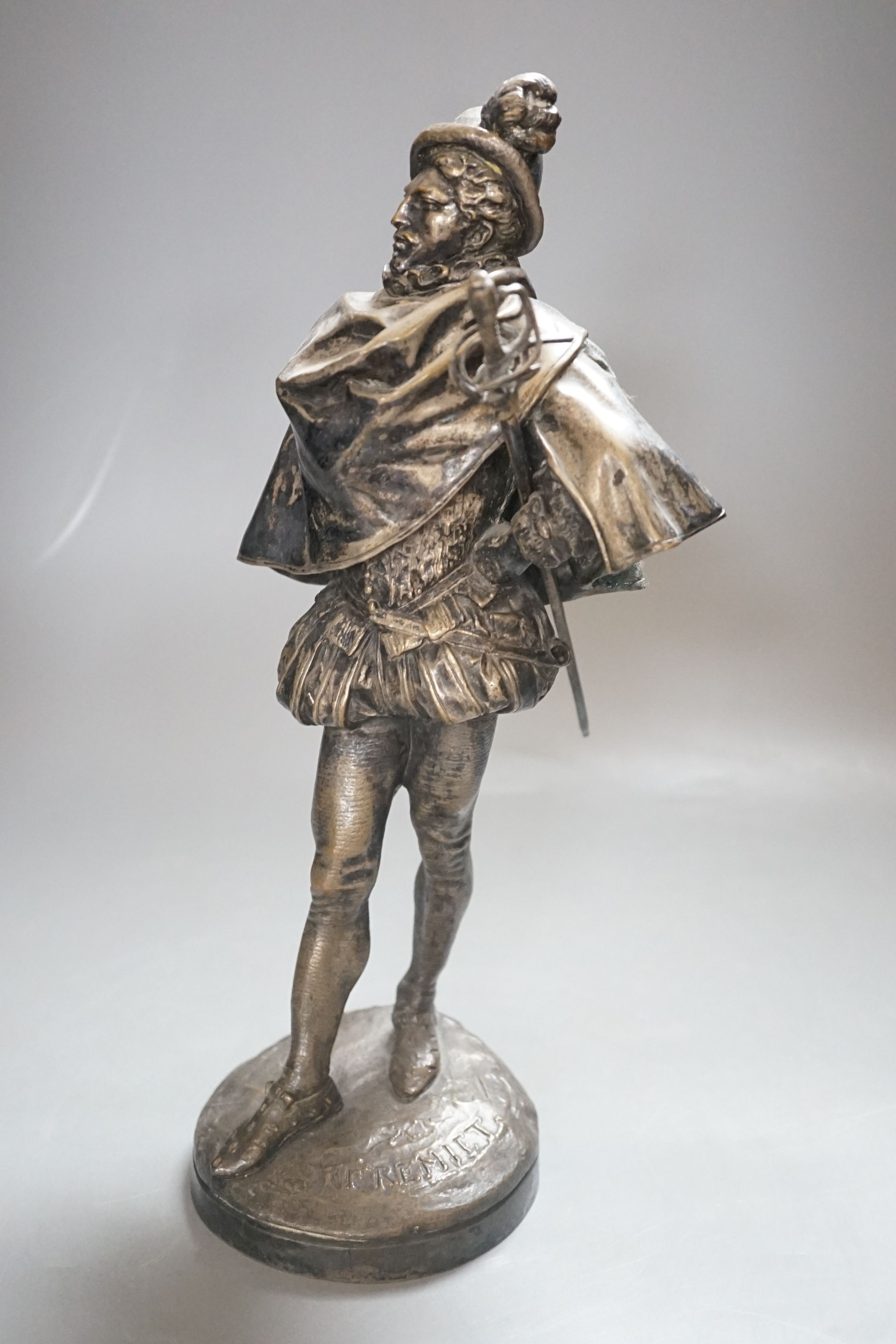 Emmanuel Fremiet (1824-1910), a silvered bronze figure of a swordsman - 33cm tall